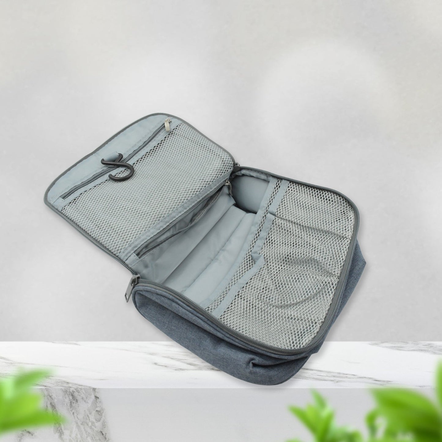 Foldable travel wash bag with hook and zipper closure