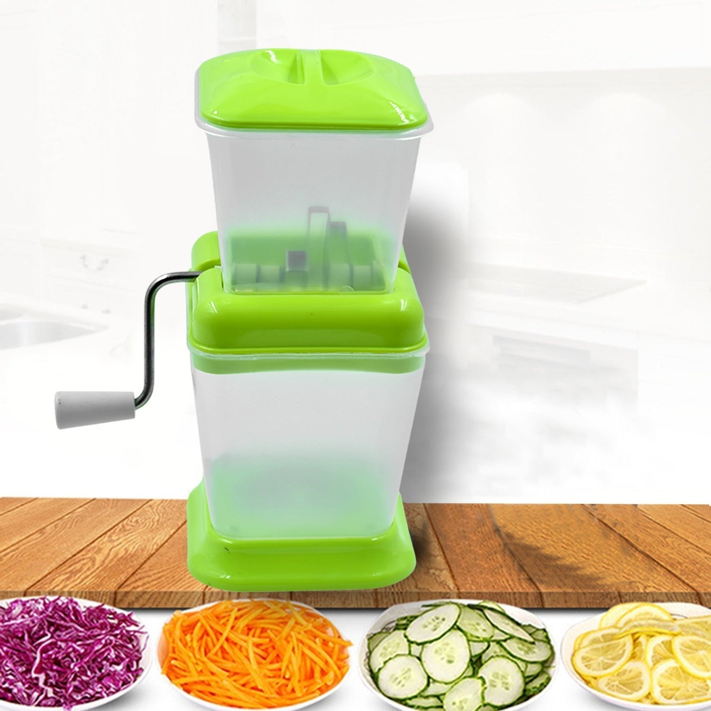 Onion chopper and vegetable cutter with easy rotating blade.