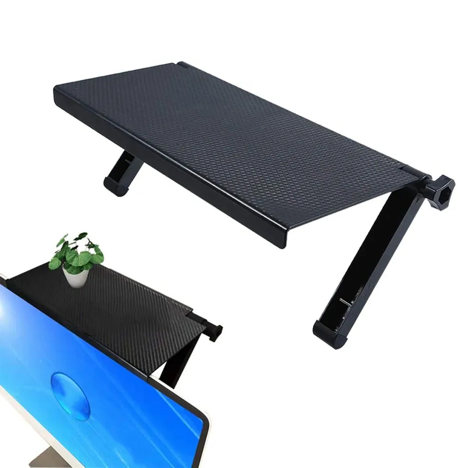 Adjustable TV top shelf for media devices and accessories.