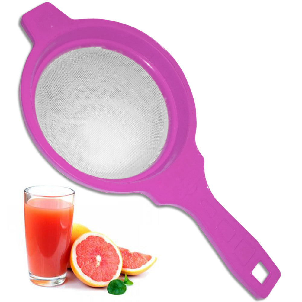 Plastic strainer for juice, designed to handle various liquids.