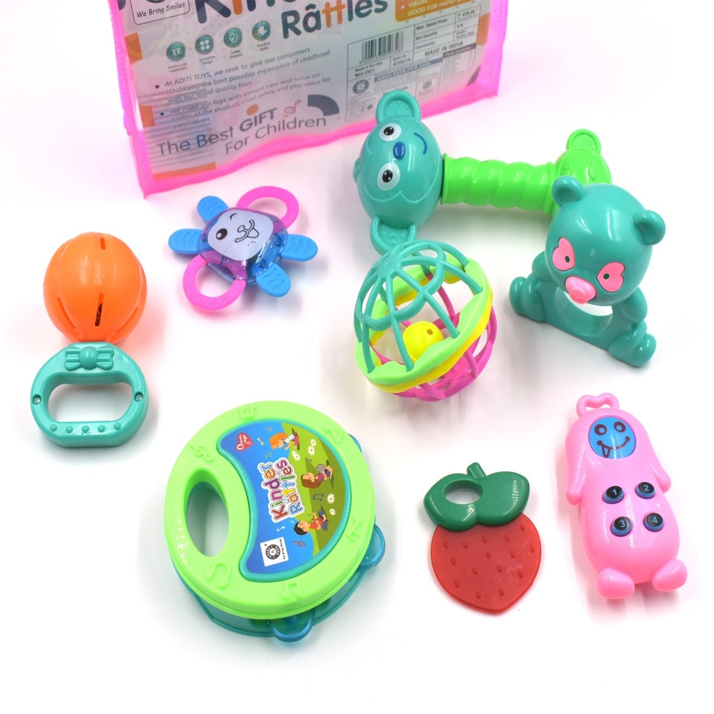 Multi-colored baby rattle toy for infants, enhancing motor skills and sensory play.