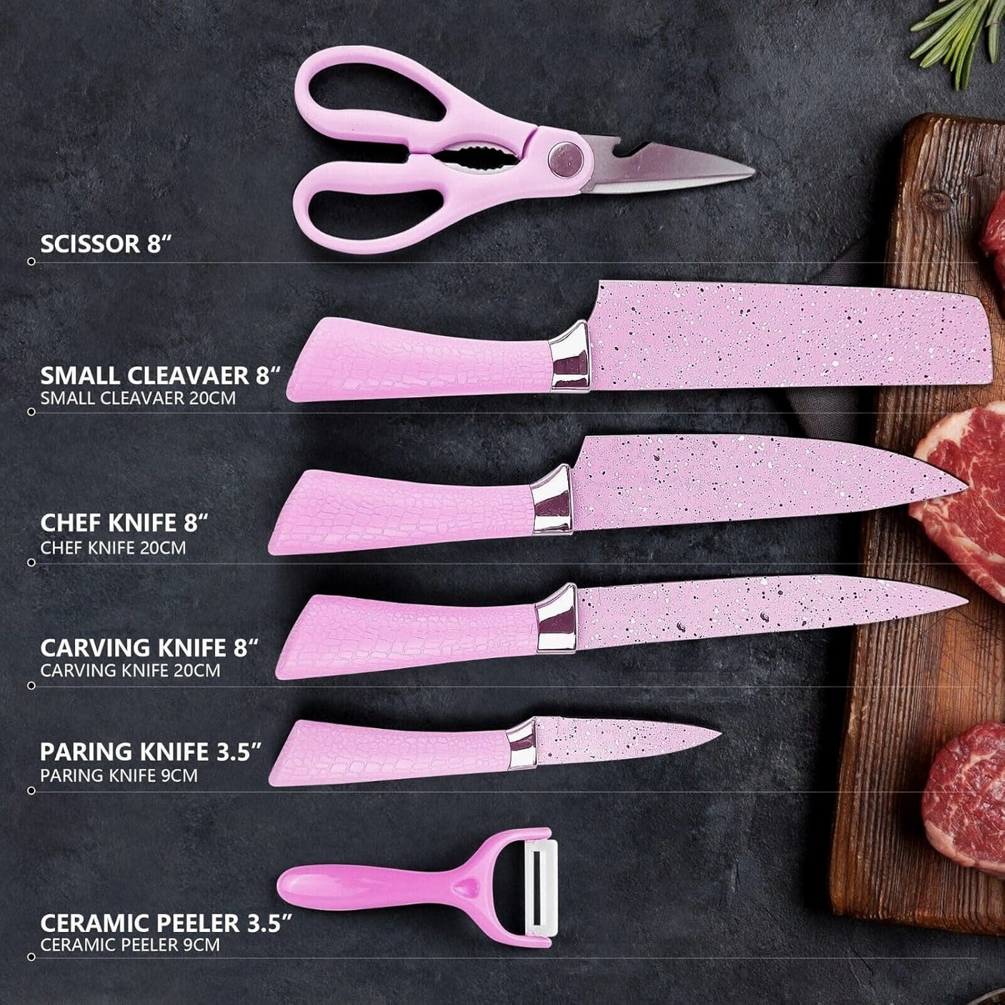 Stainless Steel Non Stick Ceramic Coating 6 Pcs Chef Kitchen Knife Set with Scissor & Peeler