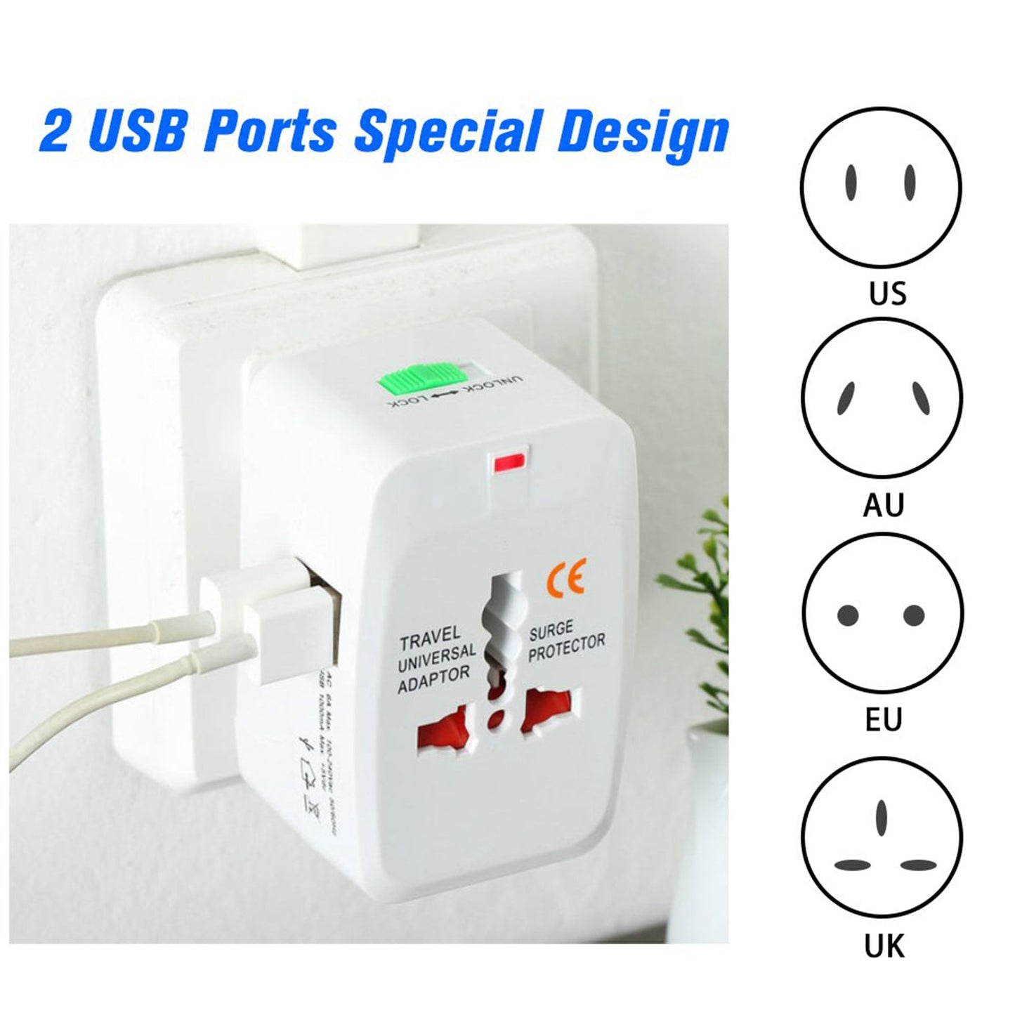 Universal Travel Adapter, International All in One Worldwide Travel Adapter and Wall Charger with USB Ports with Multi Type Power Outlet USB 2.1A,100-250 Voltage Travel Charger