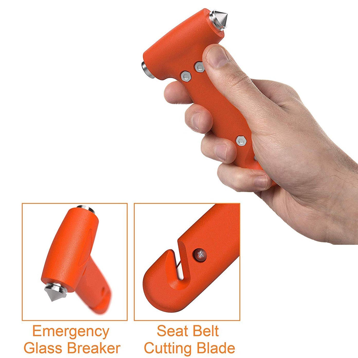 Car safety hammer for emergency situations, includes window breaker and seatbelt cutter