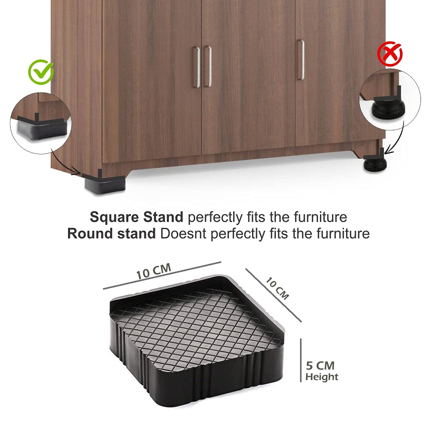 Multipurpose base stands for refrigerator, sofa, and cupboard.