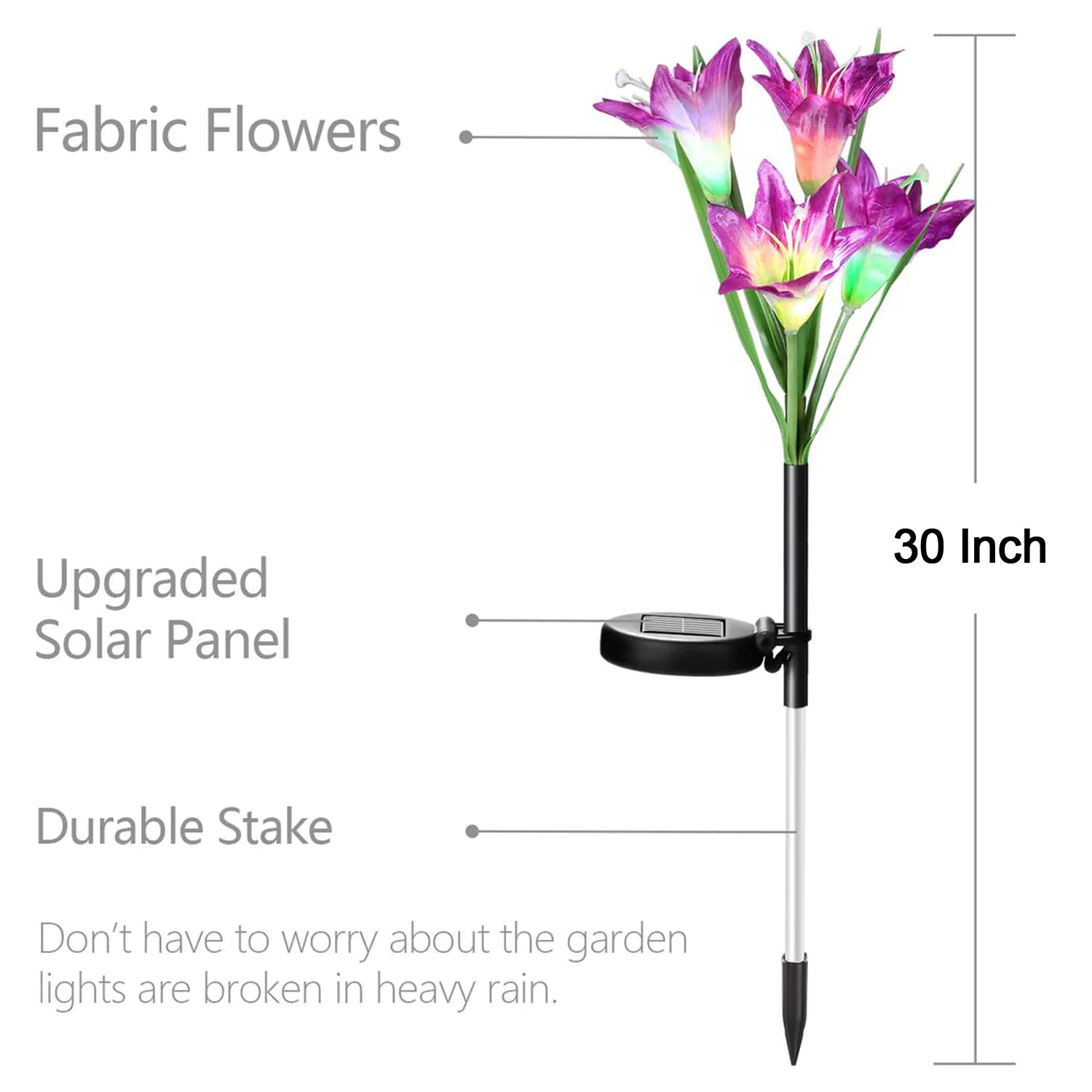 Solar lily stake lights, night view in outdoor setting