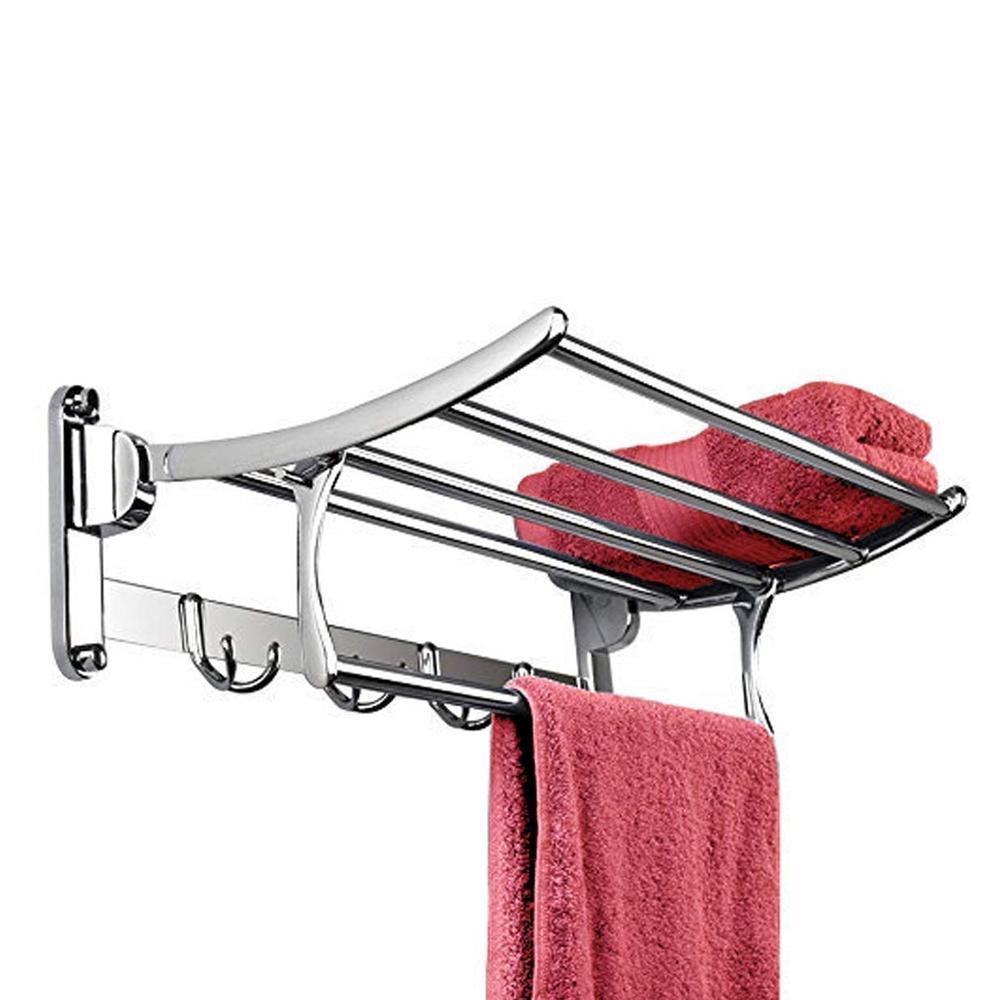 Compact foldable towel rack made from stainless steel for bathroom organization.