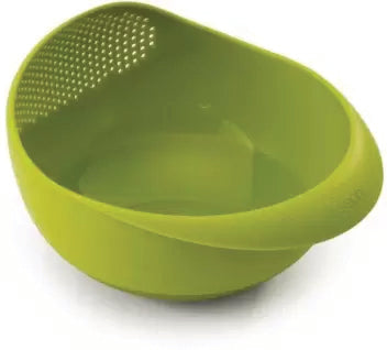 Big plastic rice strainer with drainage holes, perfect for washing and storing grains.