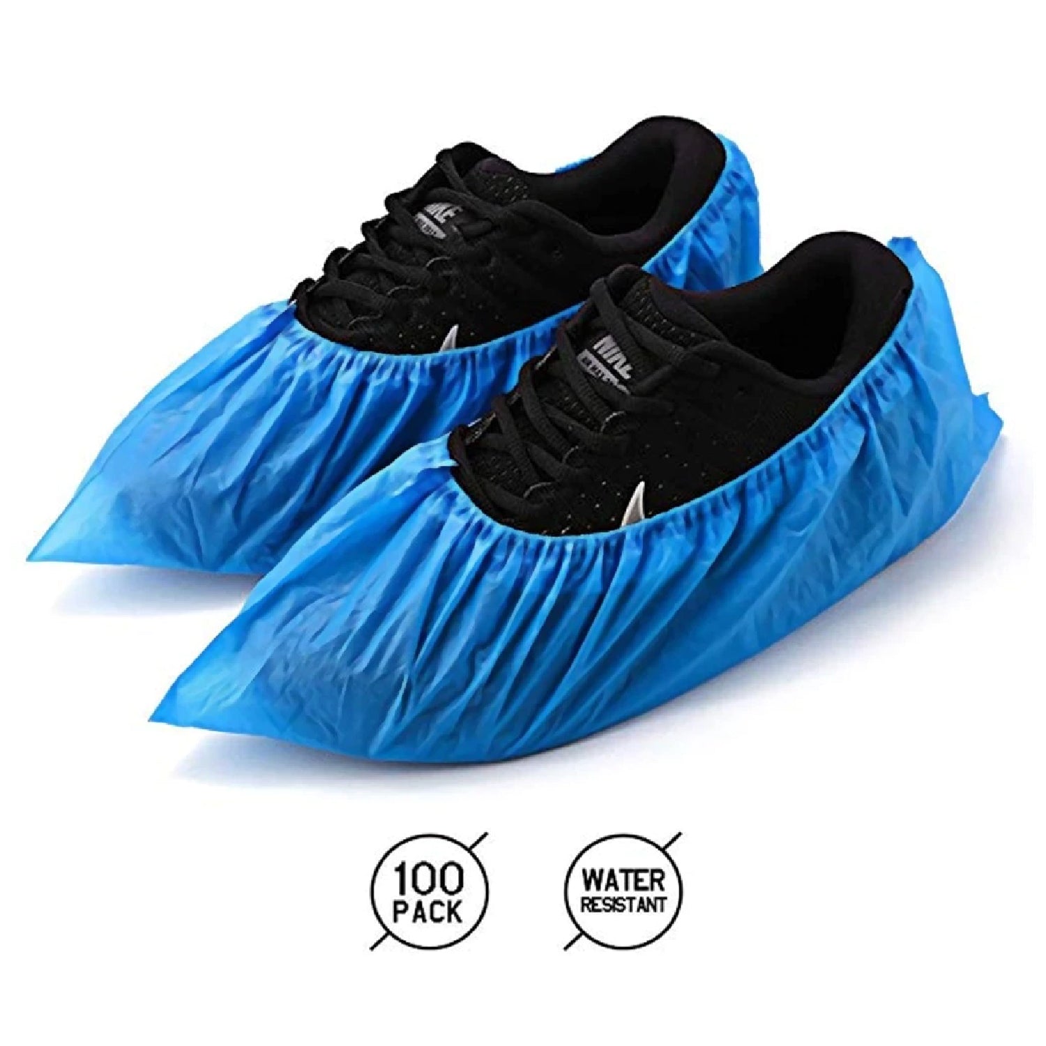 Plastic rain shoe covers with elastic, designed for outdoor use.