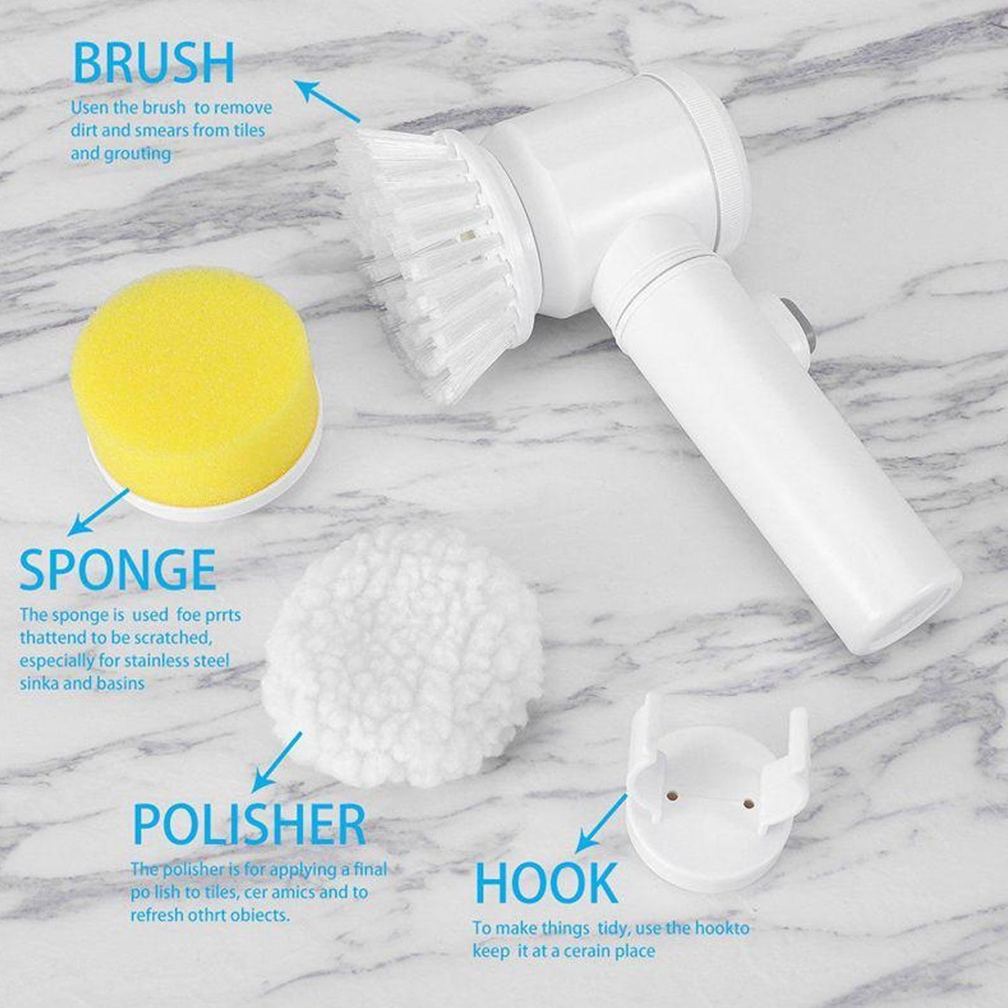 Multi-Functional Electric Cleaning Brush 5 in 1 Magic Power Scrubber Household Cleaning Tools Spin Scrubber with Buffer Polisher, for Bathroom, Shower, Tub, Kitchen Floor