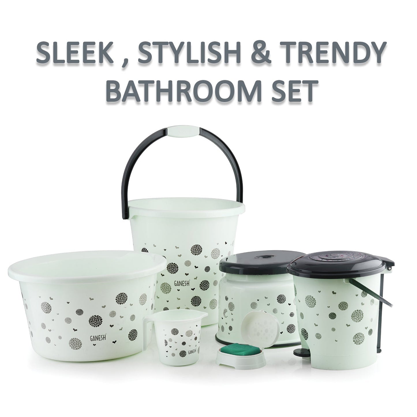 Plastic bathroom accessories including mug and soap case