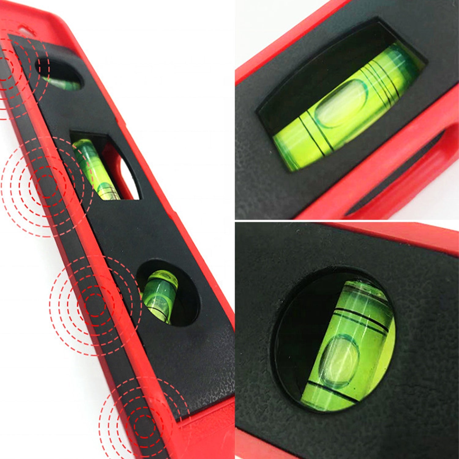 Torpedo spirit level with three bubbles, ideal for various tasks.