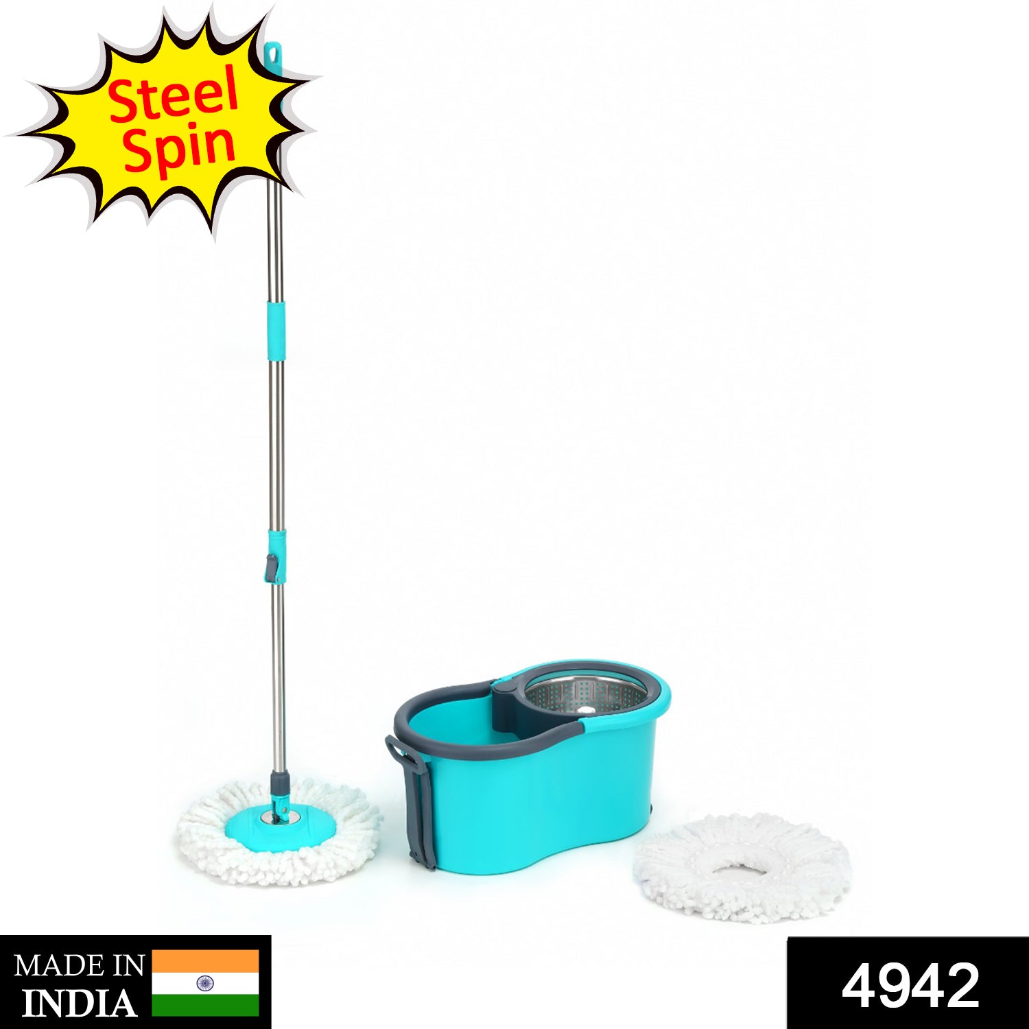 Floor cleaning mop with steel spin and easy wheels.