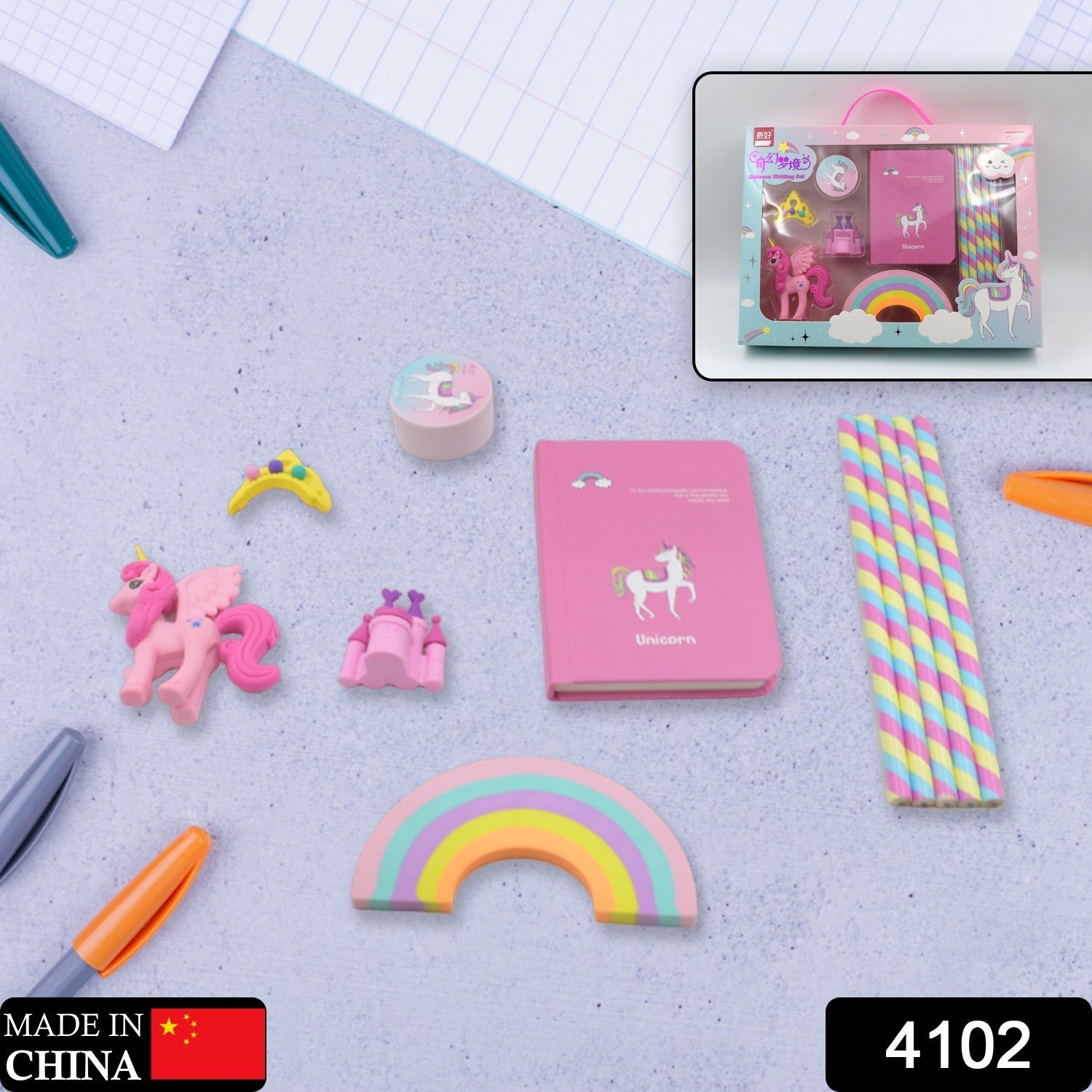 Cute unicorn-themed writing set with diary, pencils, and unique erasers for kids.