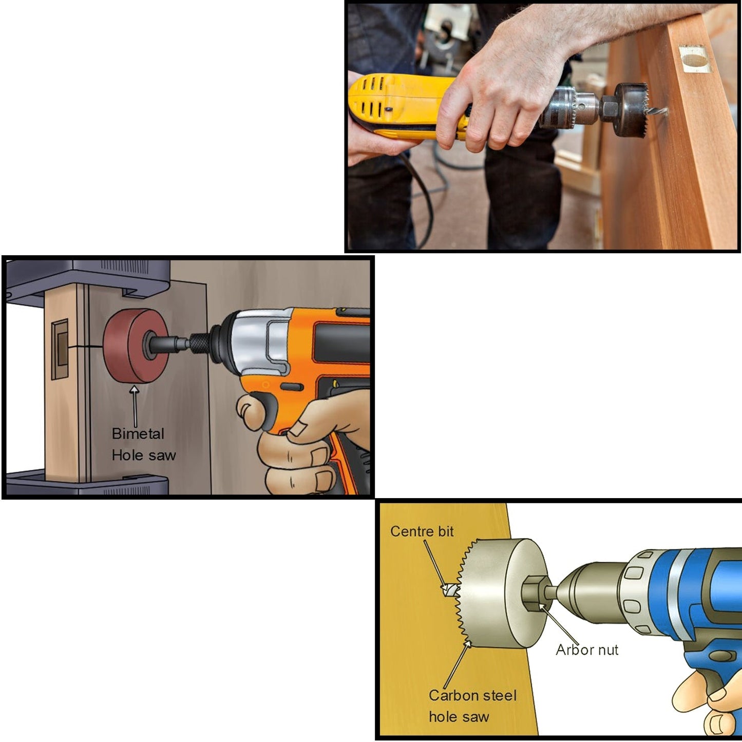 Hole saw kit with 12 pieces for different diameters.