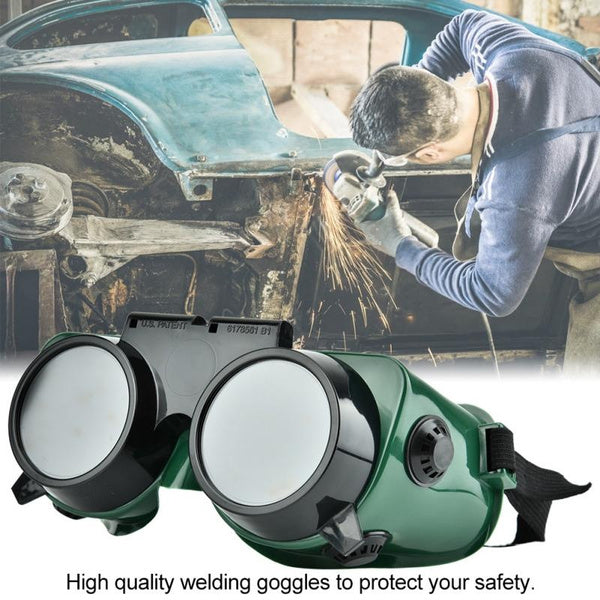 Comfortable large welding goggles in dark green.