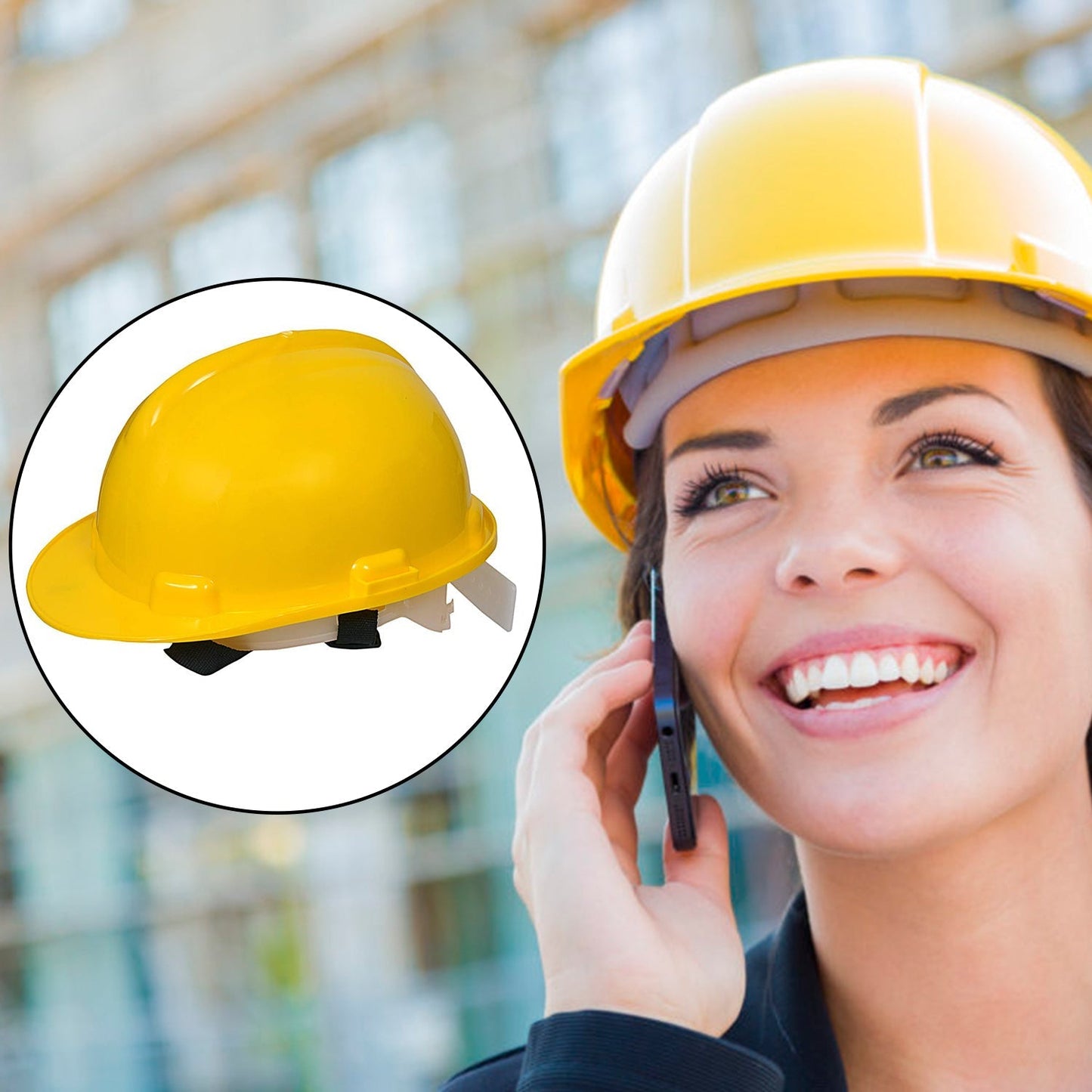 Safety hard hat in yellow plastic, ideal for construction use.