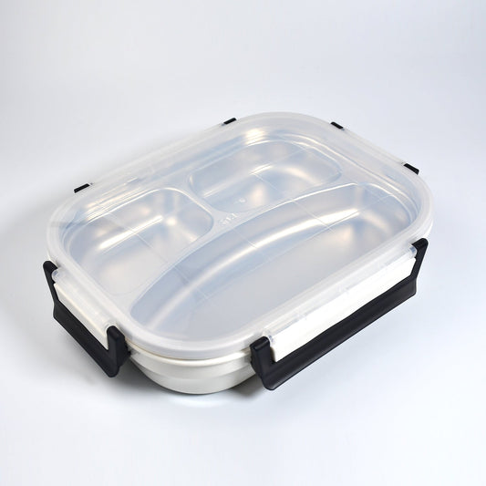 White transparent stainless steel lunch box with 3 compartments