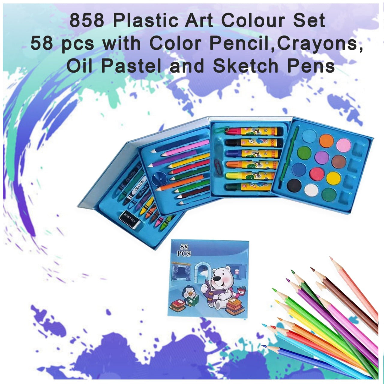 Versatile 58-piece color set with various art supplies including pastels, crayons, and pencils.