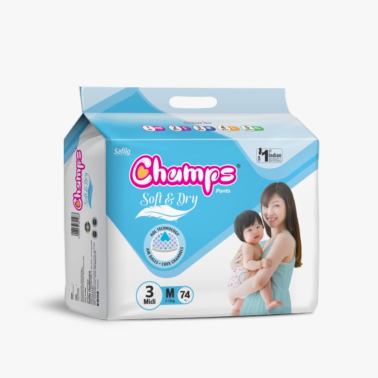 Champs soft and dry baby diaper pants, medium size, 74 pcs for comfort