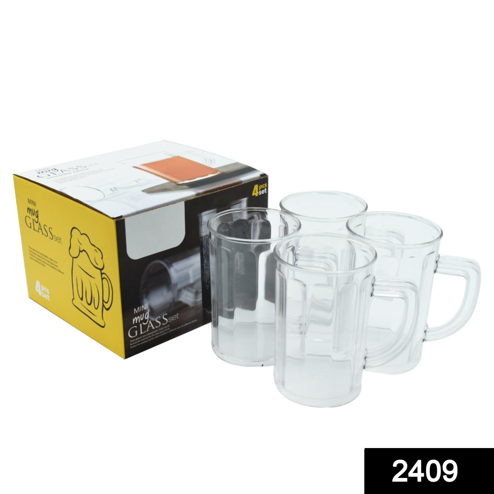 Set of 4 unbreakable plastic beer mugs, transparent.